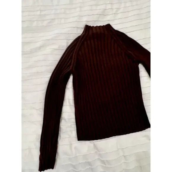 Ribbed Mock Neck Sweater Women's Small Brown Cotton Dark Academia Minimalist - Picture 14 of 16